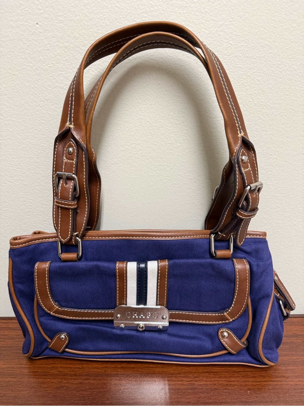 Chaps Blue Shoulder/Hand Bag Dark Blue Multi Areas Snap Close